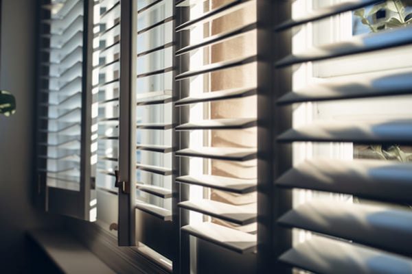 store en bois dans un intérieur sombre laissant passer la lumière du matin