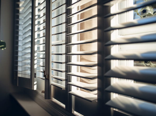 store en bois dans un intérieur sombre laissant passer la lumière du matin