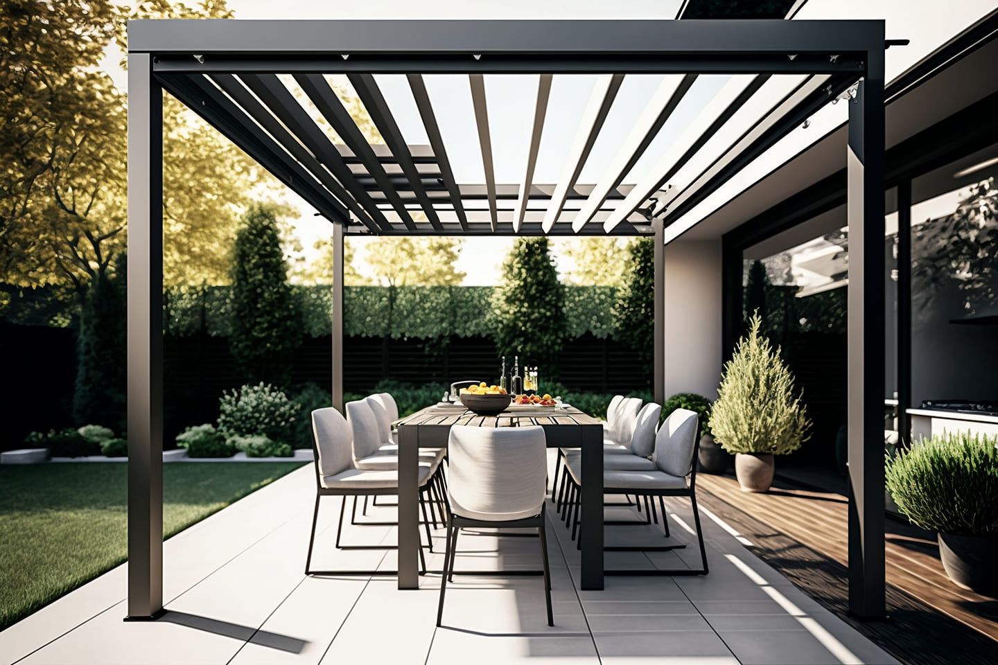 terrasse moderne avec mobilier et pergola devant une baie vitrée